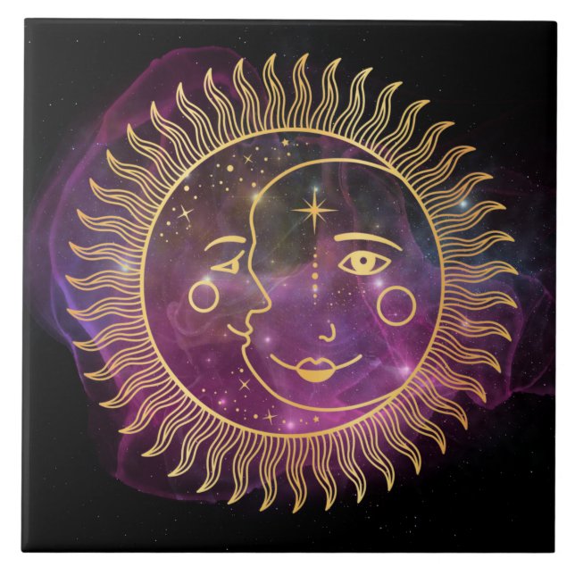 Azulejo De Cerâmica Sol Celestial Roxo e Lua (Frente)