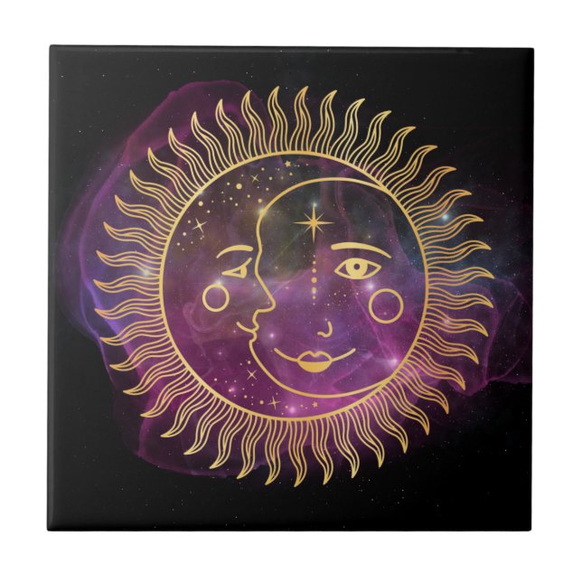Azulejo De Cerâmica Sol Celestial Roxo e Lua (Frente)
