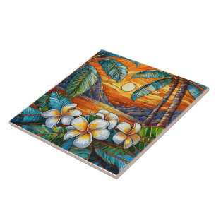Azulejo De Cerâmica Sol da ilha laranja Arte de vidro retida