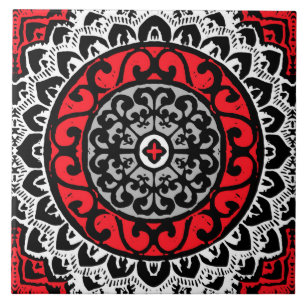 Azulejo De Cerâmica Sol do Sudoeste Mandala Batik, Vermelho, Preto e B