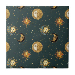 Azulejo De Cerâmica Sol Dourado Celestial Lua Estrelas Azul Meia-Noite