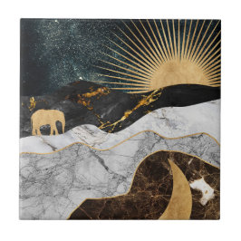 Azulejo De Cerâmica Sol Dourado e Lua com Elefante em Mármore Cósmico
