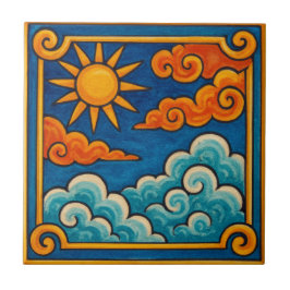 Azulejo De Cerâmica Sol e Nuvens Celestiais Místicos