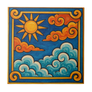 Azulejo De Cerâmica Sol e Nuvens Celestiais Místicos