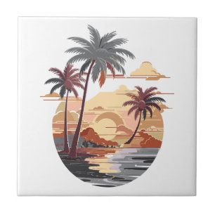 Azulejo De Cerâmica Sol havaiano com palmeira.