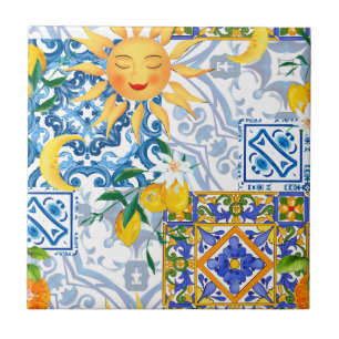 Azulejo De Cerâmica Sol mediterrânico, flores, limão, meia lua,