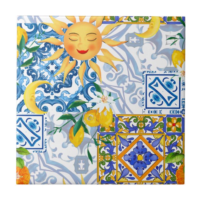 Azulejo De Cerâmica Sol mediterrânico, flores, limão, meia lua, (Frente)