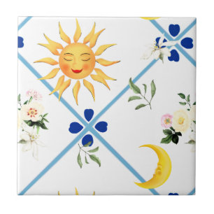 Azulejo De Cerâmica Sol mediterrânico, flores, meia lua,