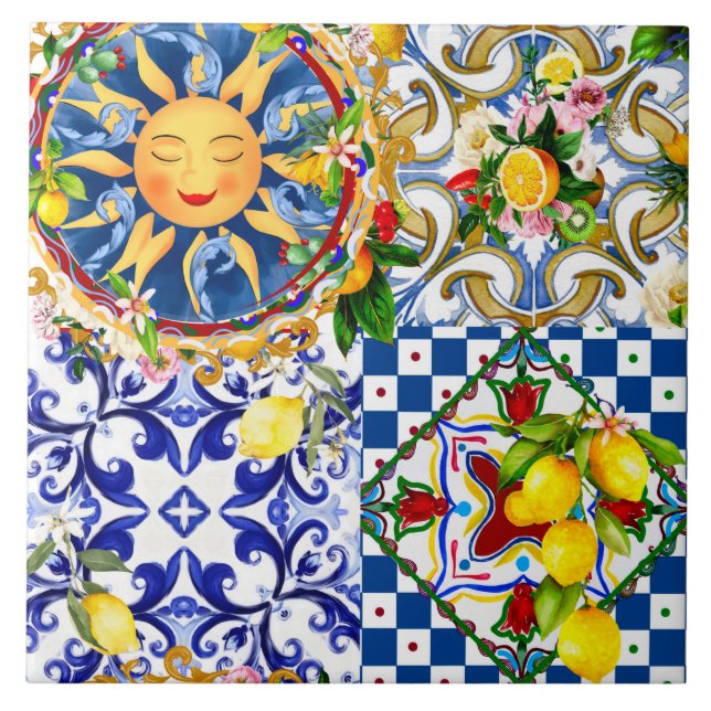 Azulejo De Cerâmica Sol siciliano,limão,azulejos mediterrâneos (Frente)