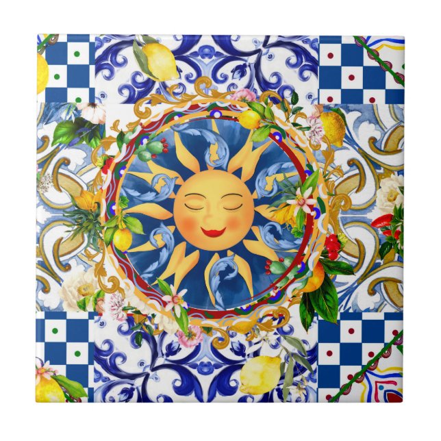 Azulejo De Cerâmica Sol siciliano,limão,azulejos mediterrâneos (Frente)