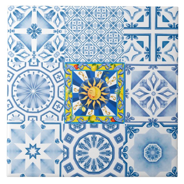 Azulejo De Cerâmica Sol siciliano, limão, mosaico, majolica, (Frente)