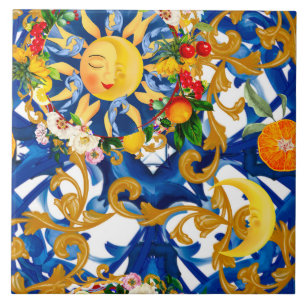 Azulejo De Cerâmica Sol siciliano,meia lua,verão,majolica,limão
