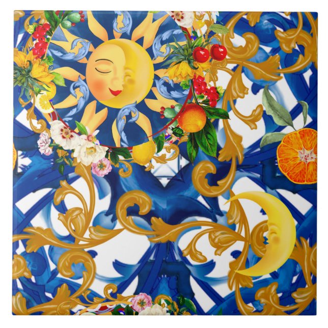 Azulejo De Cerâmica Sol siciliano,meia lua,verão,majolica,limão (Frente)
