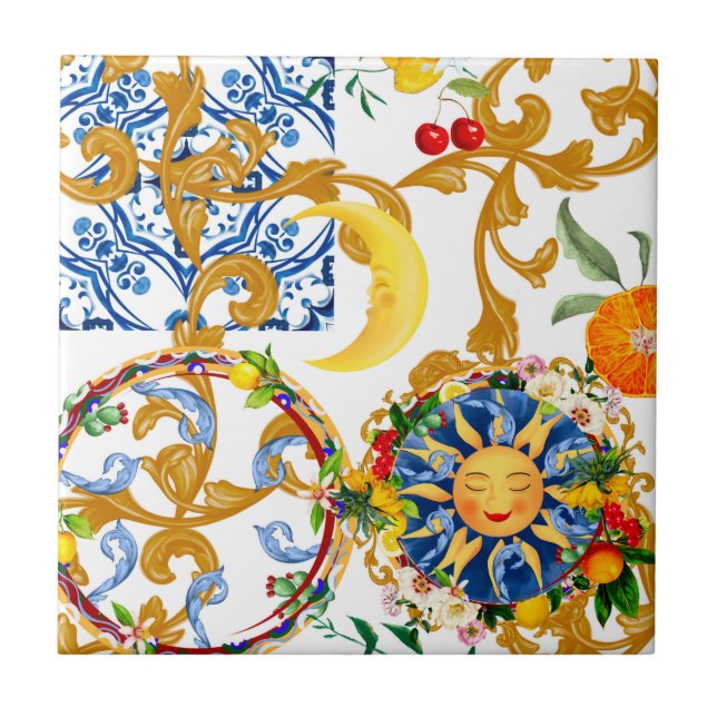 Azulejo De Cerâmica Sol siciliano,meia lua,verão,majolica,limão (Frente)