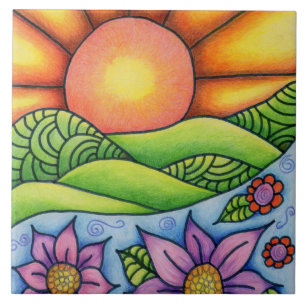 Azulejo De Cerâmica Sol Sobre Colinas, Córrego e Flores