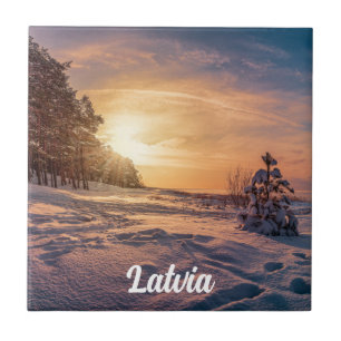 Azulejo De Cerâmica Sol sobre neve, costa marítima de inverno