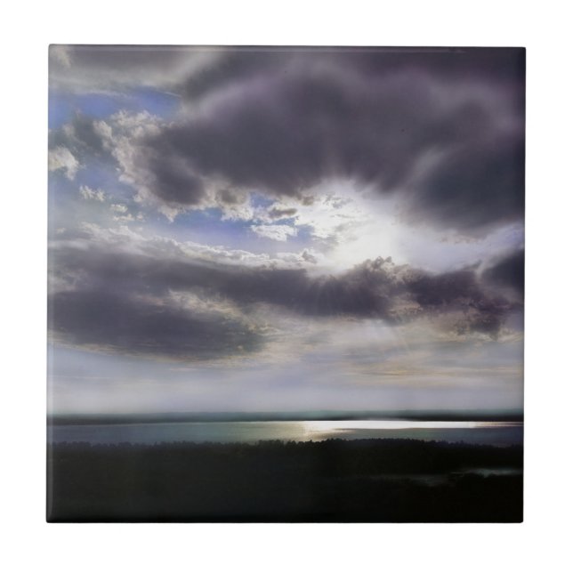 Azulejo De Cerâmica Sol sobre o oceano do nascer do sol da água (Frente)