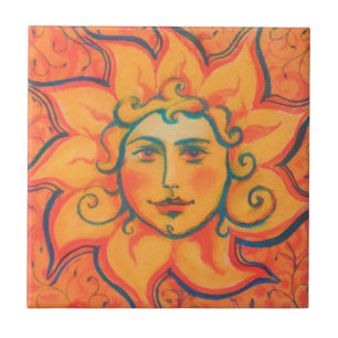 Azulejo De Cerâmica Sol sorridente, Fairytale Fantasy Art, Orange Yell
