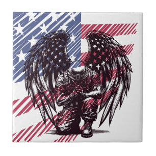 Azulejo De Cerâmica Soldado Americano Rezando Arte da Bandeira dos EUA