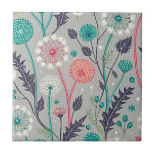Azulejo De Cerâmica Sonho De Dandelion Teal & Crimson - Floral Estiliz