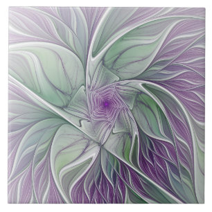 Azulejo De Cerâmica Sonho de Flor, Arte Fractal Verde Abstrato púrpura