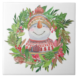 Azulejo De Cerâmica Sorriso Snowman Wreath Natal