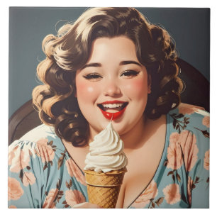 Azulejo De Cerâmica Sorvete Vintage Happy Woman Comendo