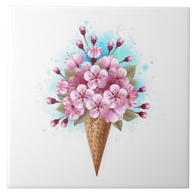 Azulejo De Cerâmica Sorvete Waffle Rosa Sakura Cone (Frente)