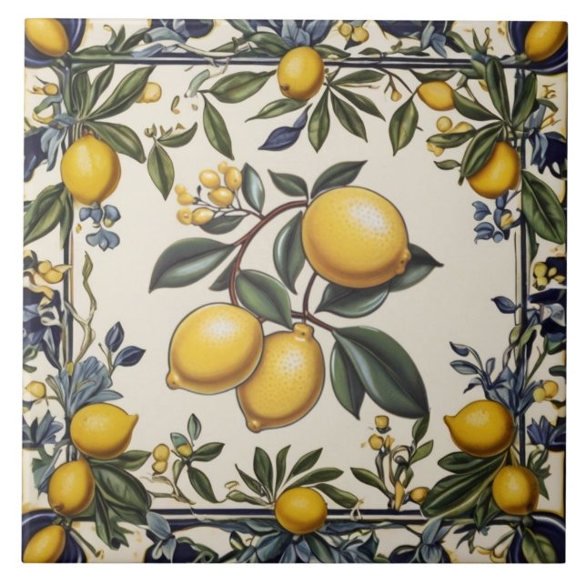 Azulejo De Cerâmica Spanish Lemon Branch Lemons Leaves Blue & White (Frente)