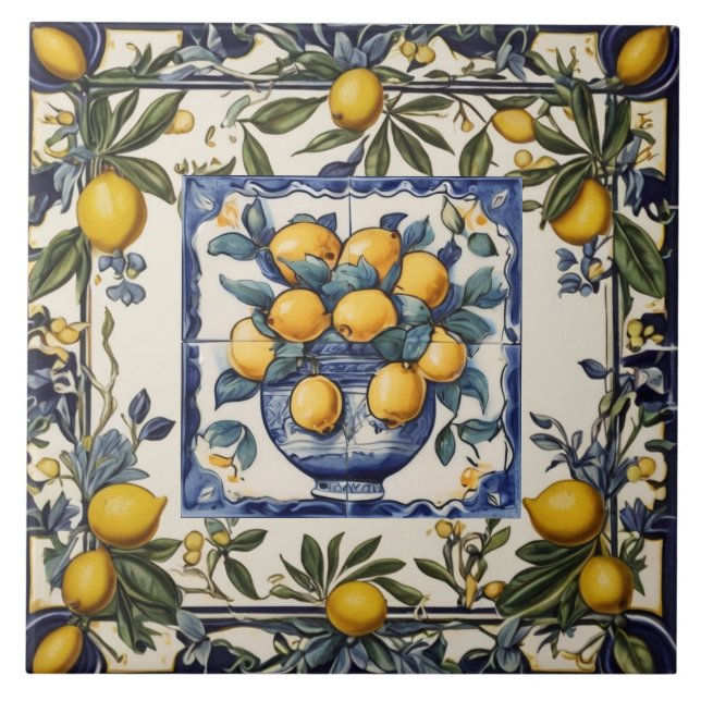 Azulejo De Cerâmica Spanish Lemons in Vase Pot Blue & White (Frente)