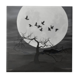 Azulejo De Cerâmica Spooky Ravens Voando Contra a Lua Cheia