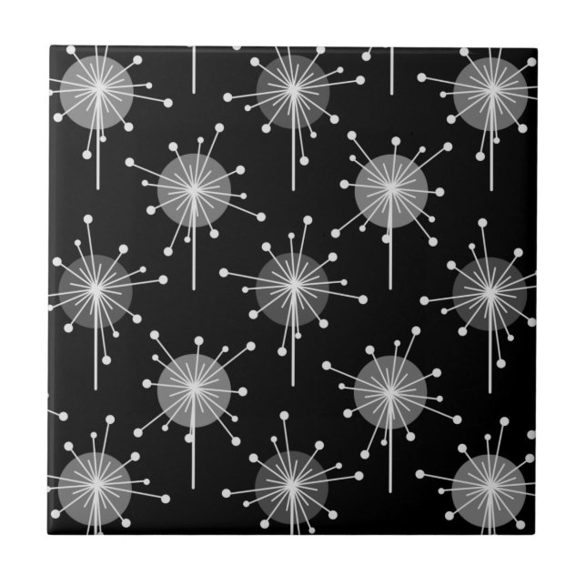 Azulejo De Cerâmica Sputnik Starburst Flores Negras Cinzas (Frente)