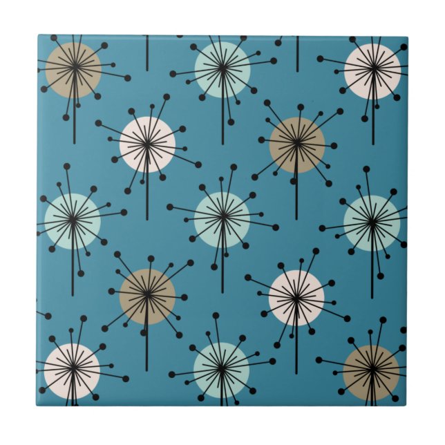 Azulejo De Cerâmica Sputnik Starburst Flowers Teal Gold (Frente)