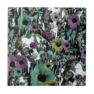 Azulejo De Cerâmica Sra. Sandman, teste padrão floral do crânio