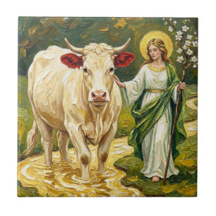 Azulejo De Cerâmica St. Brigid & A Vaca Branca (Imbolc)