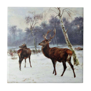 Azulejo De Cerâmica Stag and Doe em um Paisagem de Neve
