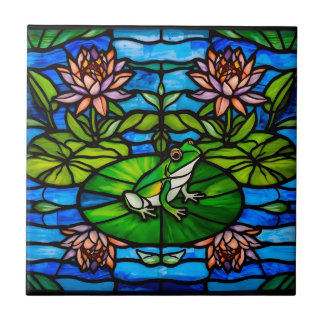 Azulejo De Cerâmica Stained Glass Green Frog and Water Lily Flowers 