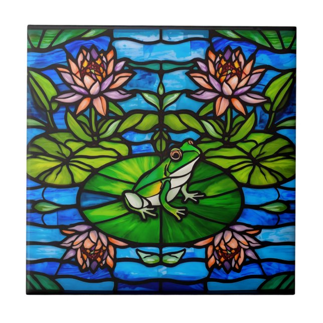 Azulejo De Cerâmica Stained Glass Green Frog and Water Lily Flowers  (Frente)
