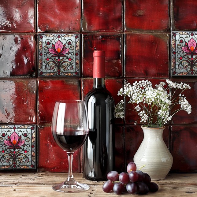 Azulejo De Cerâmica Stained Glass Red Pink Flower (Criador carregado)