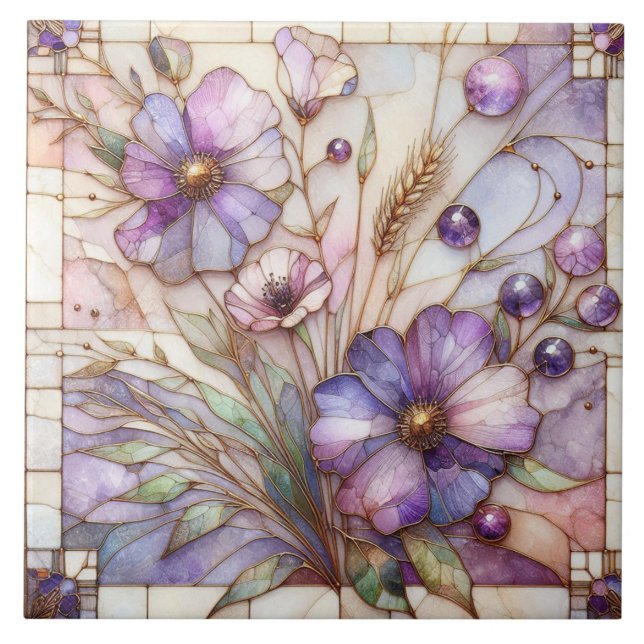 Azulejo De Cerâmica Stained glass violet flower (Frente)