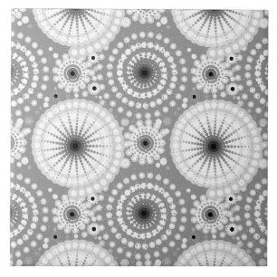 Azulejo De Cerâmica Starbursts e pinwheels, cinza, preto e branco