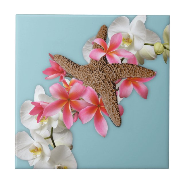Azulejo De Cerâmica Starfish Orchids Plumeria Blue (Frente)