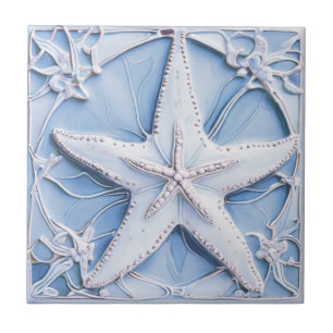 Azulejo De Cerâmica Starfish Sea Star Blue Art Nouveau Faux Alivio