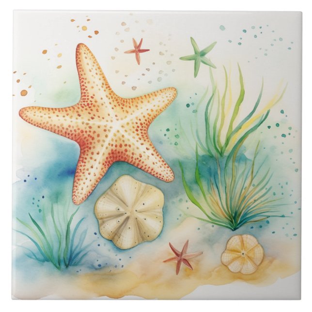 Azulejo De Cerâmica Starfish Seaweed Watercolor Sob O Mar (Frente)