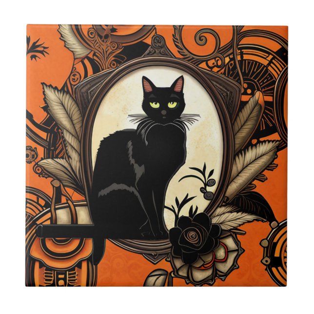 Azulejo De Cerâmica Steampunk Black Cat Halloween (Frente)