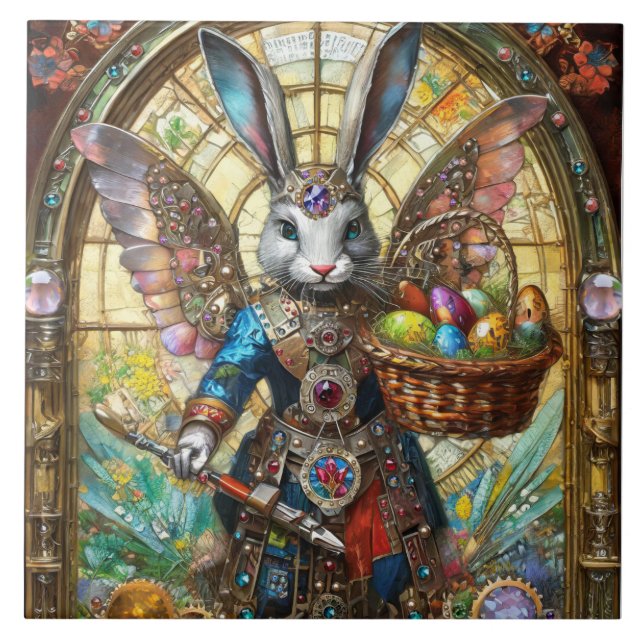 Azulejo De Cerâmica Steampunk Easter Bunny Warrior Angel (Frente)