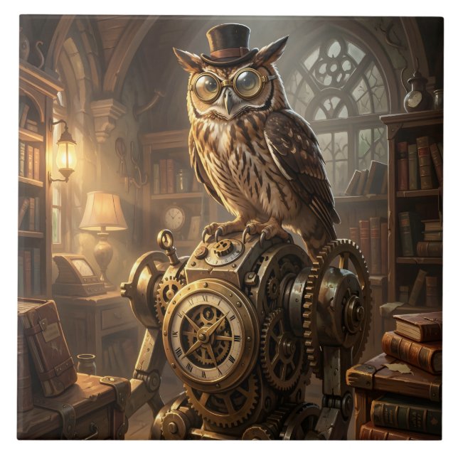 Azulejo De Cerâmica steampunk owl clockwork art tile (Frente)