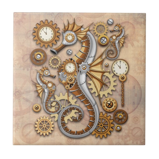 Azulejo De Cerâmica Steampunk Seacavalo Vintage Surreal Art (Frente)
