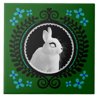 Azulejo De Cerâmica Strange White Bunny: Green, Blue, & Black