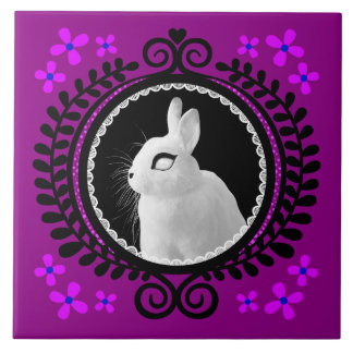 Azulejo De Cerâmica Strange White Bunny: Magenta, Black & Blue